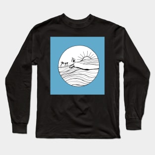 Female Surfer Riding the Wave with a blue background Long Sleeve T-Shirt